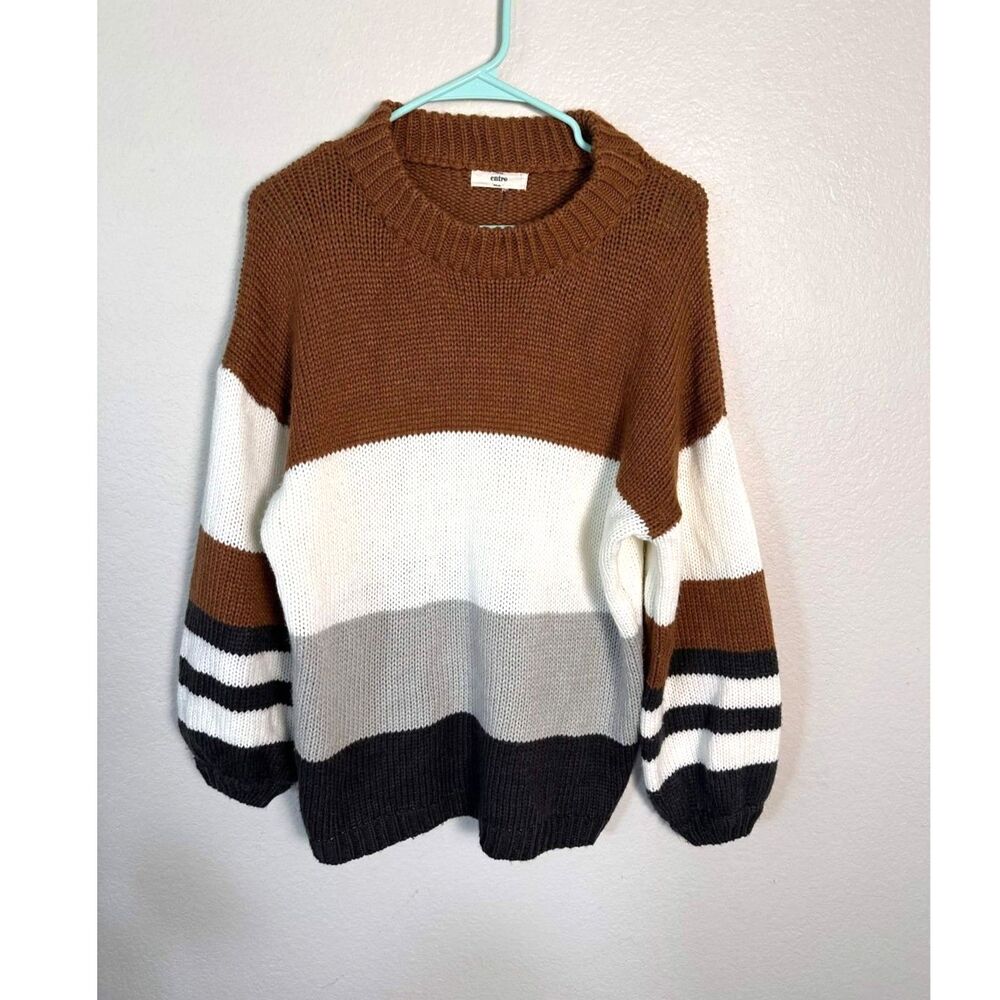 Entro Colorblock Chunky Knit Sweater Size M Striped Balloon Sleeve Neutral Boho